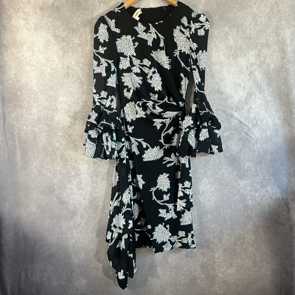Diane von Furstenberg Dress Women S Black Floral Ruffle Bell Sleeve Asymmetrical
